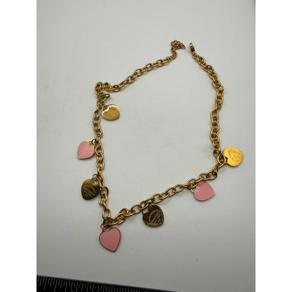 Heart‎ Charm Link Necklace Pink Enamel Gold Tone  16 Inch